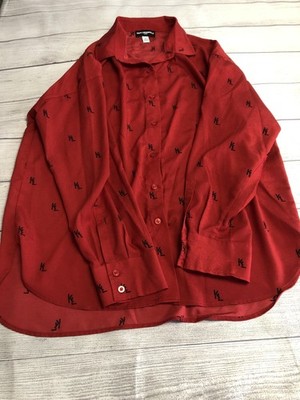 Karl Lagerfeld Paris Shirt Womens Large Red KL Logo Print Long Sleeve Button Up