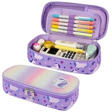Pencil Case for Girls - Cute Zipper Pouch Glitter Purple Unicorn