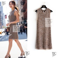 CHANEL 11S Champagne Gold Navy CC Logo Knit Dress Karl Lagerfeld 40 42 US8 10