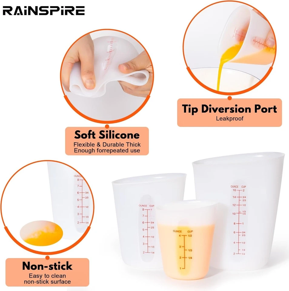 Upgraded 3 Piece Silicone Measuring Cup Sets Squeeze & Pour Liquid Measuring Cup - Image 4 of 4