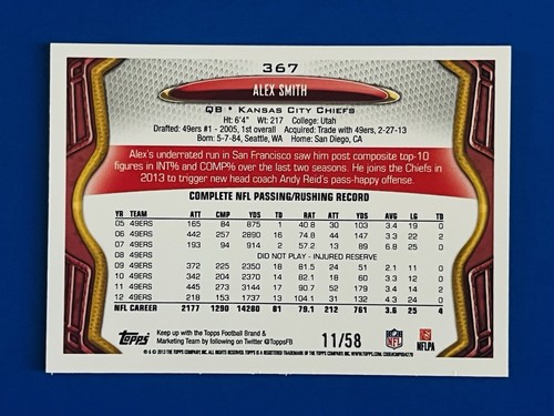 Tarjeta de fútbol americano 2013 Topps Alex Smith Chiefs negra paralela #367; #d/58 - Imagen 2 de 2