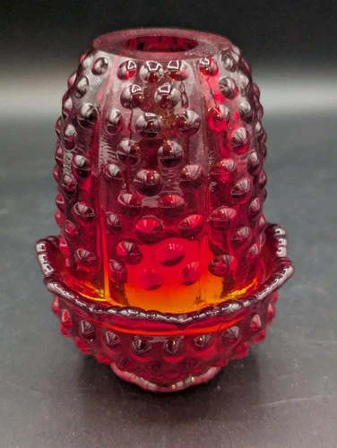 VTG FENTON Amberina Ruby Red Hobnail Fairy Lamp Original Sticker GLOWS! SEE PICS