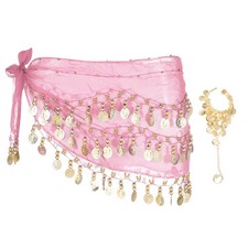 Belly Dance Hip Scarf 55x10" with 98 Gold Coin  Bracelet, Pink