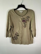 Christopher Banks Cardigan Womens L Embroidered Floral 100 Cotton Beige
