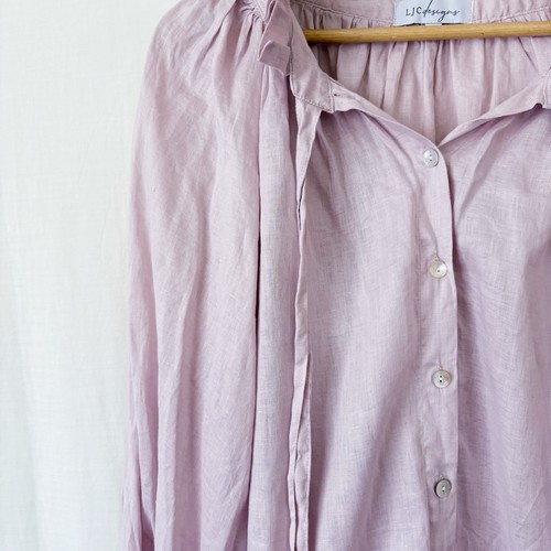 LJC Designs Shirt Blouse Size XL Lilac Pink Purple Linen Button Long Sleeve Ties - Picture 3 of 10