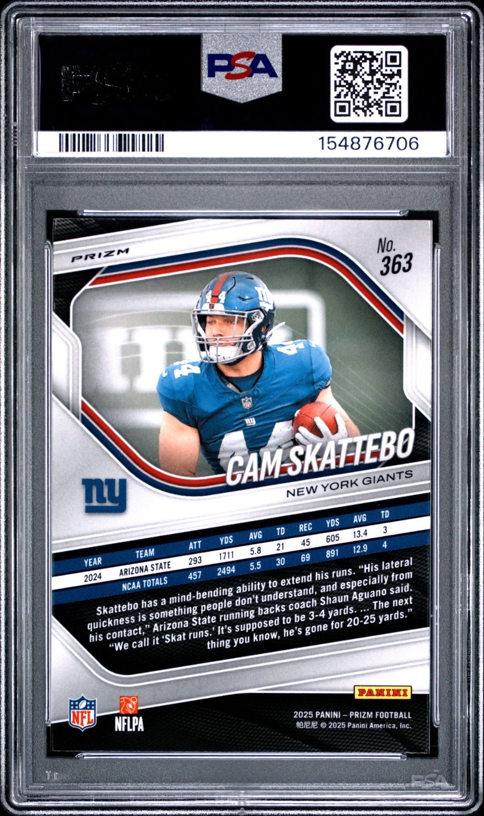 2025 Panini Prizm Cam Skattebo RC Lazer Prizm Giants Rookie #363 PSA 10 Gem Mint view 2