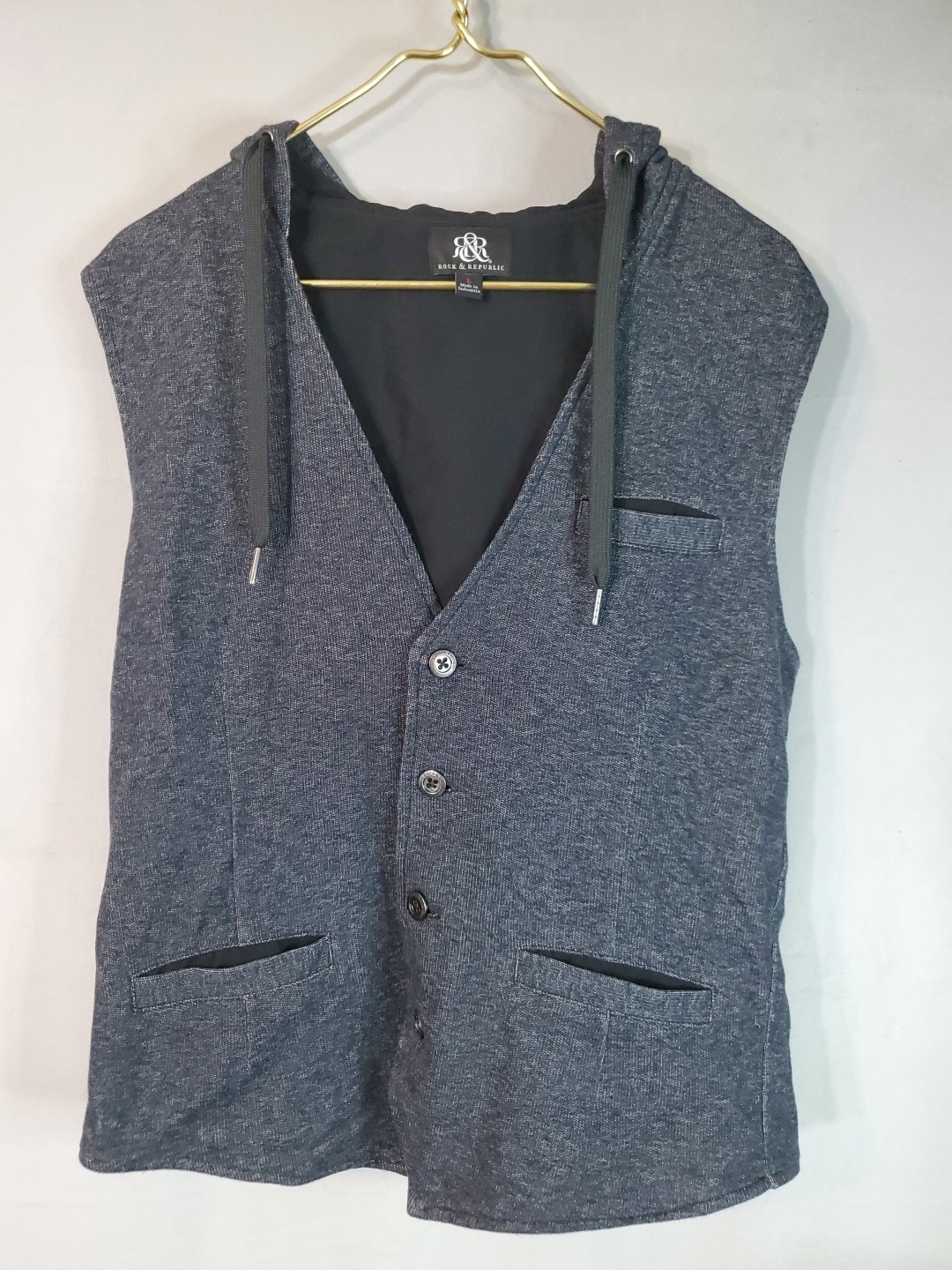 Rock & Republic Men's Size Large Gray Hooded Vest Full Zip