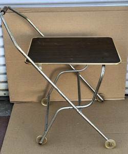 Vtg MCM Rolling Folding Beverage/Drink/Serving/Bar Cart Wood Handle *See Desc*