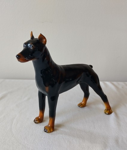 Vintage Painted Pot Metal Doberman Pinscher Dog Figurine German Black Tan 6"