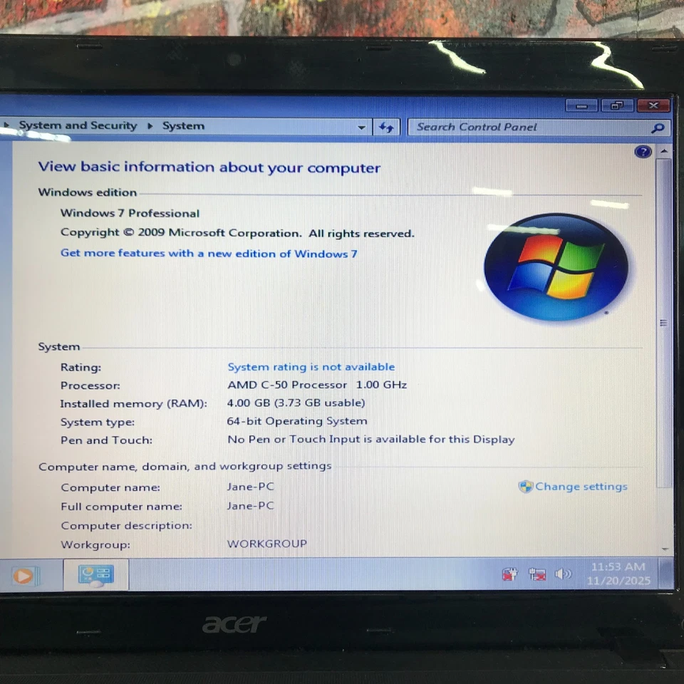Portátil Retro para Juegos Acer Aspire 15.6" AMD C-50 1.00GHz 4GB RAM (Windows7 Pro) Foto 2 de 4