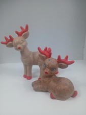 Vintage 2 PC Set of Ceramic Hand Painted Quilted Reindeers by Kimple Ceramic M