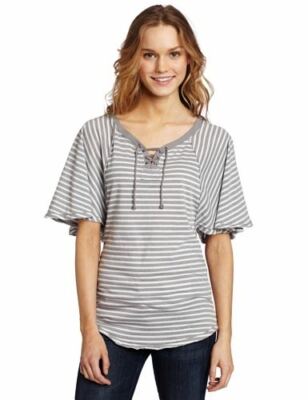 NWT UNION BAY WOMEN'S STRIPED LACE-UP TOP FLUTTER SLEEVE GRAPHITE