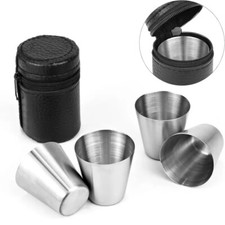 Edelstahl Becher 4 Stk Schnaps Gläser Metall Flachmann Set Leder Schnapsgläser