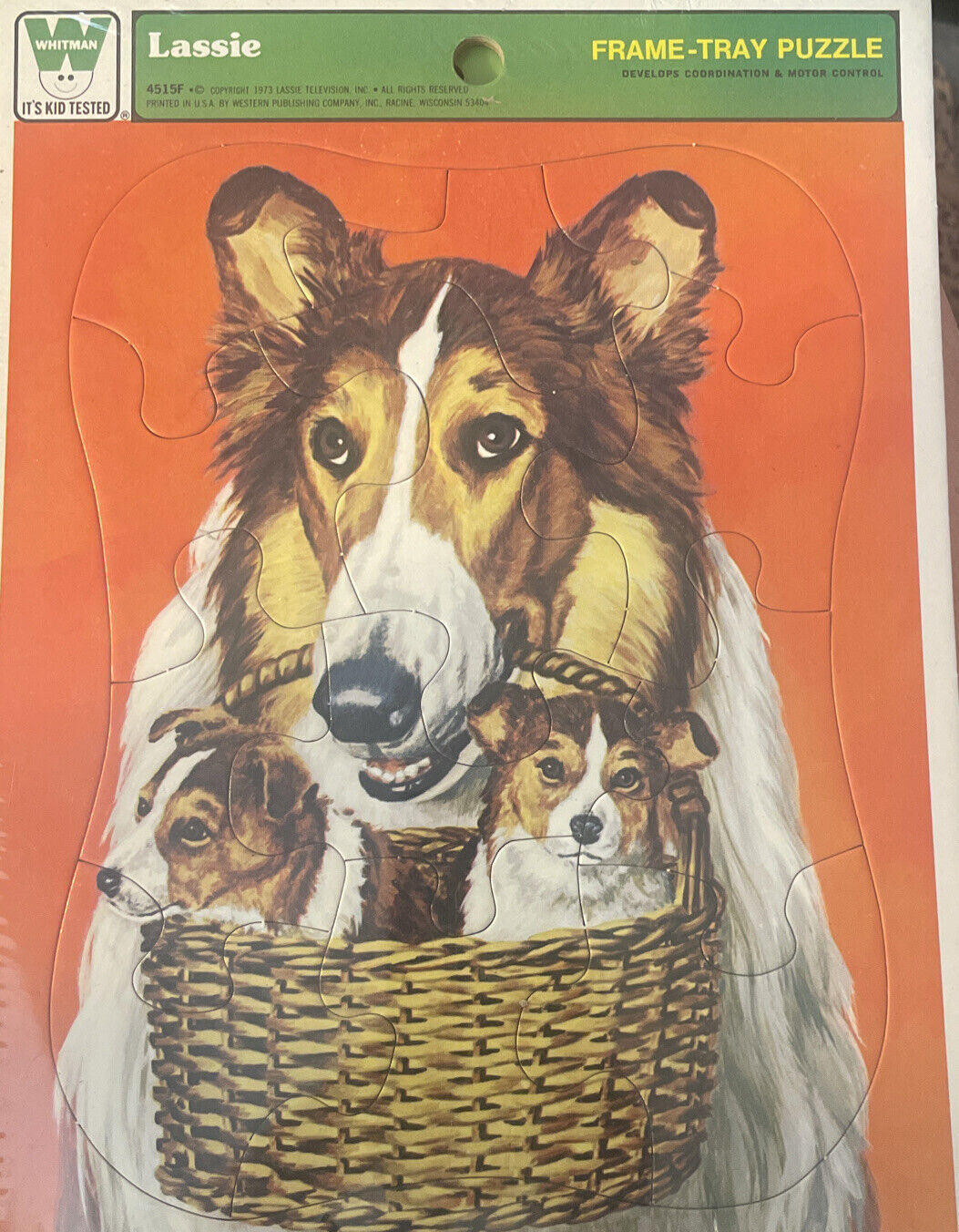 Vintage Toy Lassie Puzzle Basket Of Puppies Collie 1973 Frame Tray Whitman