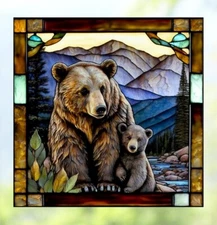 Bear & Cub Faux Stained-Glass WINDOW CLING Size 8" Repositionable Vinyl