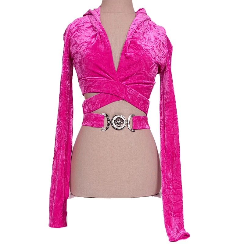 taglia 38 NUOVA $1 625 VERSACE RUNWAY Jersey Velluto Rosa AVVOLGENTE IN GIRO MEDUSA TOP