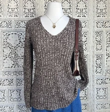 Vintage Express World Brand Neutral Earthy V Neck Marled Sweater Sz Small