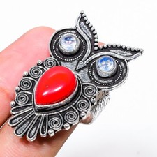 Italian Red Coral, Opal Gemstone 925 Sterling Silver Jewelry Ring Size 8 k760