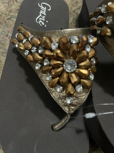 GRAZIE Women Sz 8.5 M Brown 2” Wedge Flip Flops Sandals Bling Rhinestones Shoes - Picture 8 of 12
