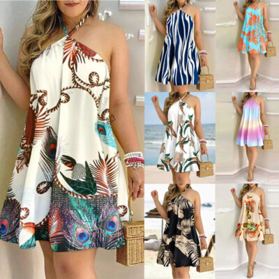 Women Ladies Summer Print Off Shoulder Halter Dress Mini Beach A-Line Dress  | eBay