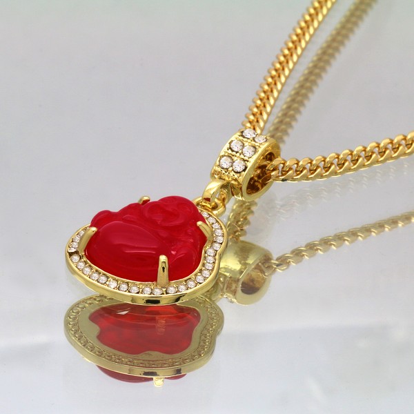 Alternate view of 14k Gold Plated Red Jade Buddha Pendant Cubic-zirconia Cuban Chain 24" 27" 30"
