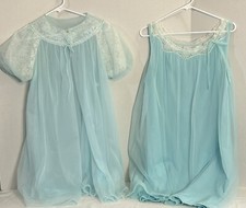 Vintage Nylon  Lace Chiffon Baby Blue Negligee Nightgown  Robe Set