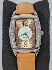 Brown Dial Crystal Silver Tone Accent Rectangle Case Leather Band Watch