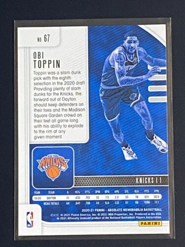 Tarjeta base de baloncesto Panini 2020-21 Absolute Memorabilia novato #67 Obi Toppin - Imagen 2 de 2