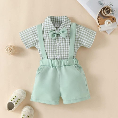 Baby Boy Clothes Newborn Infant Boy Outfits Checked Top Romper Overalls Set - Picture 9 of 10