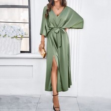 Lady V-neck Midi Dress Batwing Sleeve Double Split Slit Tie Waist Thin Beach New