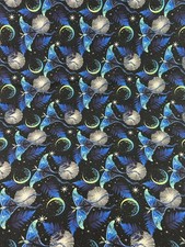 La Luna Moths Moons Forest Foliage Fabric Black Blue Nocturnal Night Moth BTY