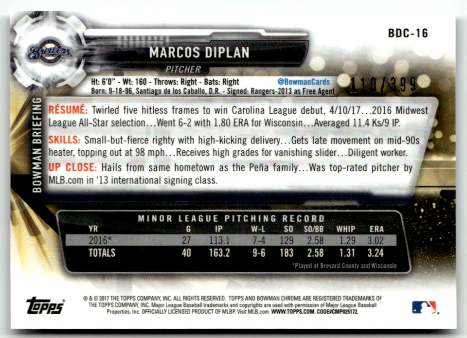 2017 Topps Bowman Chrome MLB No. BDC-16 Marcos Diplan Aqua Refractor 110/399 - Immagine 2 di 2