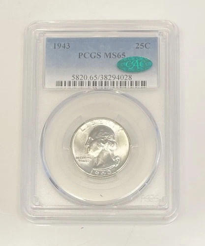 1943 P US Mint 90% Silver Washington 25 Cent Coin Certified PCGS MS65 CAC