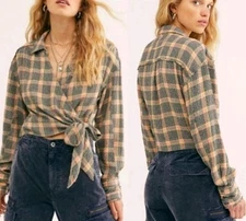 Free People Running Wild Flannel Wrap Shirt Size M Plaid Oversized Boho