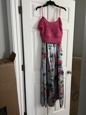 Nights by Teeze Me Pink Floral Lace Long A-Line Dress Scoop Neck Sleeveless 1