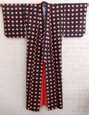 Japanese Womens Silk Kimono Orange Flowers Kasuri Floral Black Blue