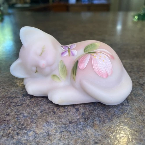 LimitedEditionFenton HandpaintedLotusMist BurmeseSatinGlassSleepingCat Figurine