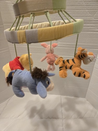 Vintage Disney Winnie The Pooh Mobile Wind Up Plush Green Blue Yellow Baby Decor - Picture 2 of 5