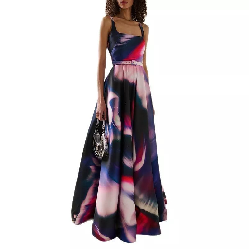 Vestido Largo Azul Fucsia Blanco Elegante Con Cinturón Fantasía Boda CF43885
