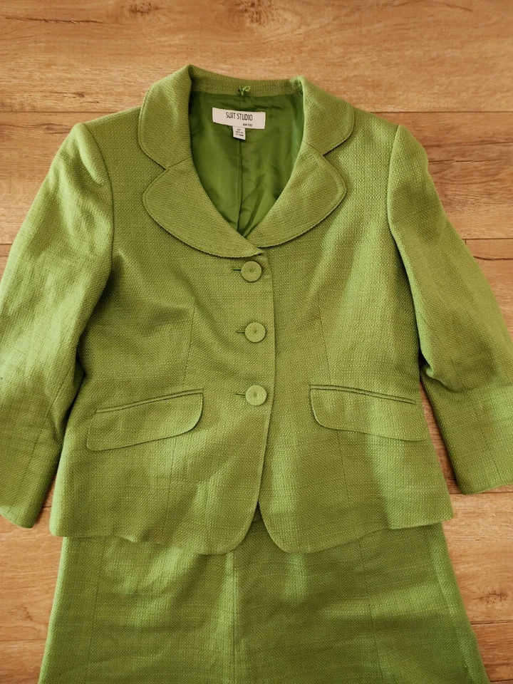 Traje Estudio Falda Conjunto Mujer 6 PETITE Verde Tejido Carrera Fiesta Formal 100% Algodón Foto 2 de 4