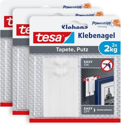 Tesa Klebenagel für Tapeten und Putz 2kg im 3er Pack - Selbstklebende Nägel für