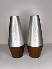 Vintage MIRRO Medallion Aluminum & Wood Salt & Pepper Shakers Set MCM