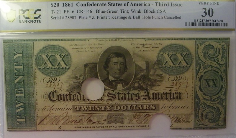1861 T-21 Confederate States of America $20 Note VF 30