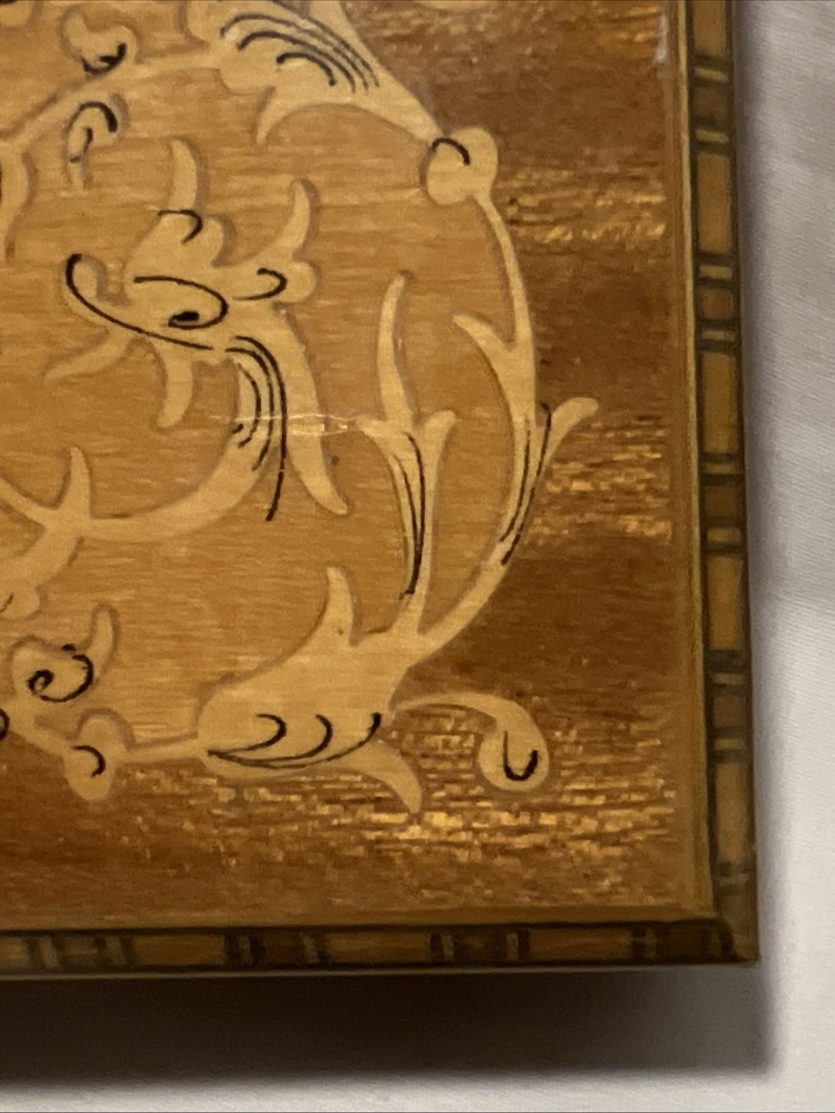 Italian Square Marquetry Inlaid Painted Wood Jewelry Trinket Box 4 3/8"