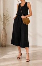 Ulla Johnson Lee Black Linen Blend Scoop Neck Wide Leg Minimalist Chic Jumpsuit