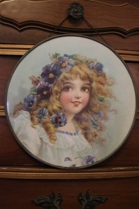 ANTIQUE Glass Chimney Flue Cover Lithograph Print VICTORIAN GIRL Portrait 9 5/8"