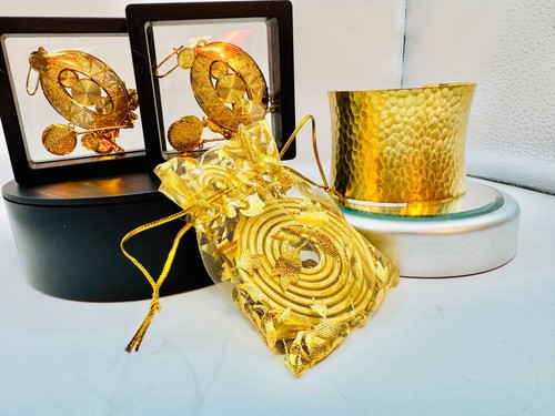 Egyptian Revival Impressive 3PC Gold Pendant Cuff Bracelet Dangle Puff Earrings - Picture 17 of 24