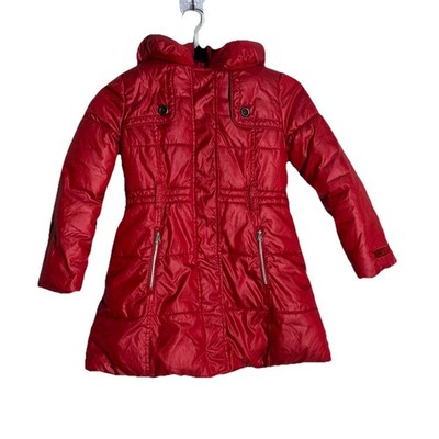 Catimini Girls Red Long Puffer Coat Jacket Hooded Quilted Parka Size 6 France