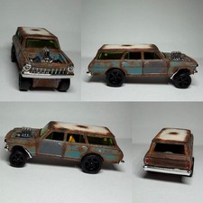 Custom Hot Wheels Blue ‘64 Chevy Nova Gasser Wagon Rat Rod W/Real Riders