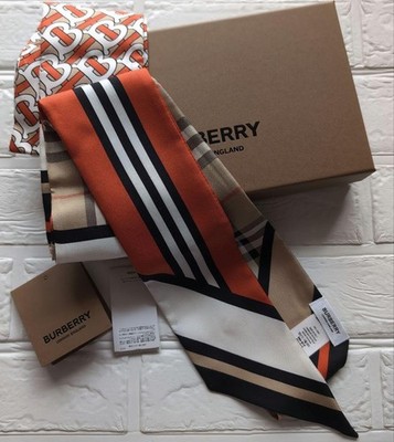 BURBERRY TB Monogram Check Silk Skinny Scarf 180cm Multicolor Made in Italy Neu